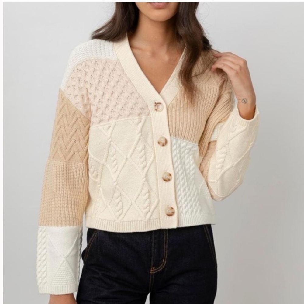 Rails Reese Cream Patchwork cable cardigan sweater. Size S